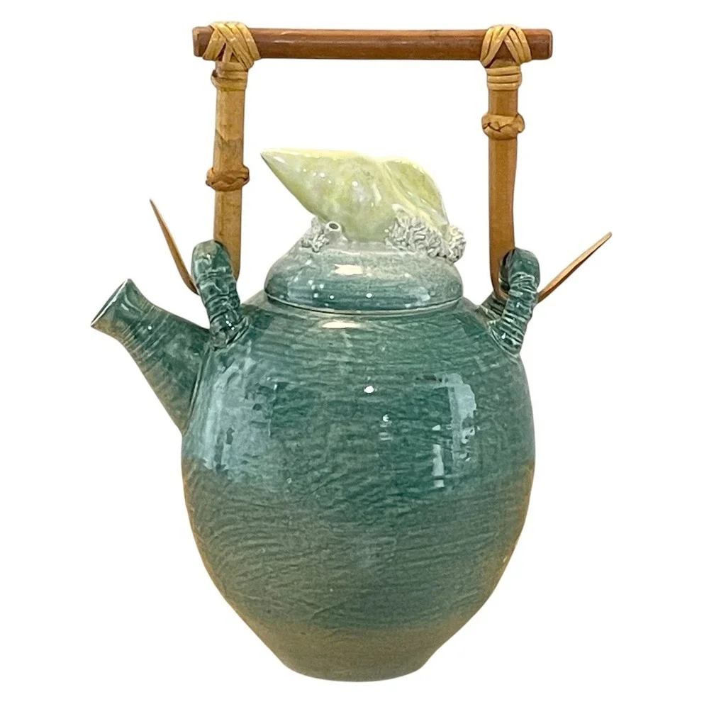 VTG Valencia Maui Raku Studio Pottery Teapot Shell Coral Lid Bamboo Handle Ocean